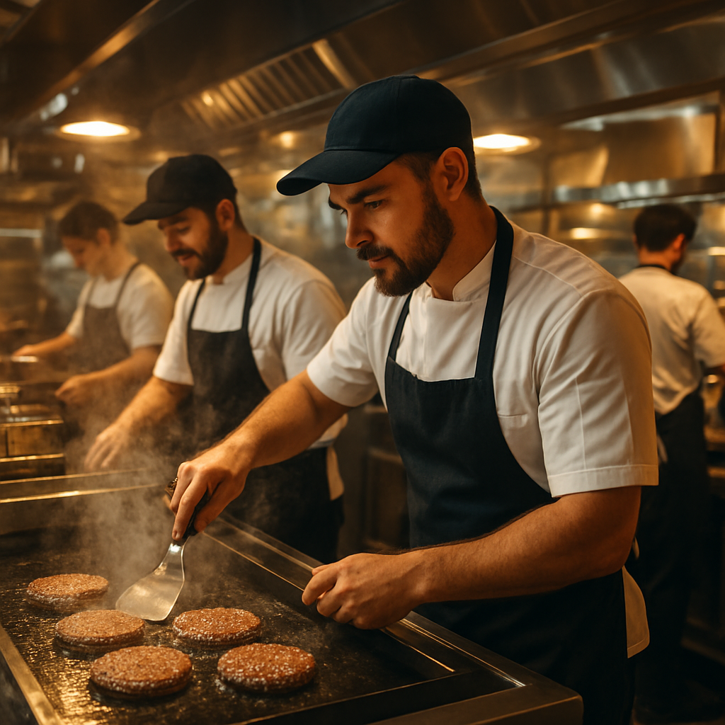 Flamebite cooks grilling burgers on a flat-top grill