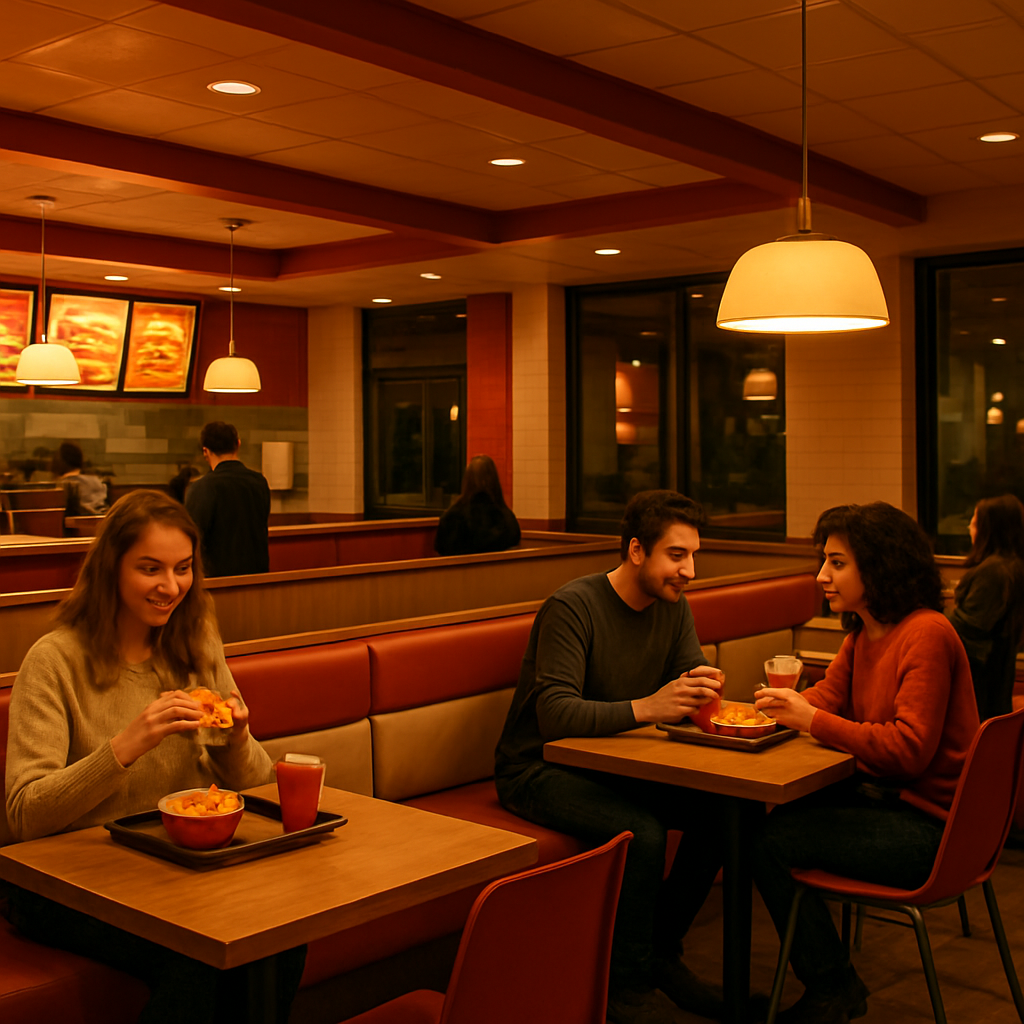 The warm, inviting interior of a Flamebite restaurant