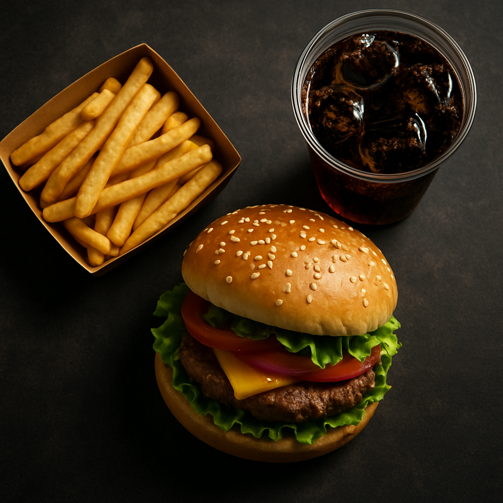 A full Flamebite meal with a burger, fries, and a drink